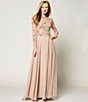 Color:Taupe - Image 6 - Illusion Crew Neck Long Sleeve Floral Beaded Bodice Chiffon Gown