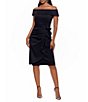 Color:Black - Image 1 - Off-the-Shoulder Cap Sleeve Sheath Ruched Side Scuba Dress