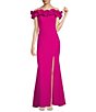 Color:New Fuchsia - Image 1 - Off-the-Shoulder Cap Sleeve Ruffled Thigh High Slit Crepe Gown