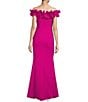Color:New Fuchsia - Image 2 - Off-the-Shoulder Cap Sleeve Ruffled Thigh High Slit Crepe Gown
