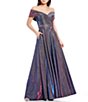 Color:Black/Fuchsia/Multi - Image 1 - Off-the-Shoulder Short Sleeve Sweetheart Neck Thigh High Slit Pleated Glitter Ball Gown