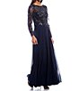 Color:Navy - Image 1 - Petite Size Beaded Bodice Chiffon Long Sleeve Boat Neck A-Line Gown