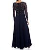 Color:Navy - Image 2 - Petite Size Beaded Bodice Chiffon Long Sleeve Boat Neck A-Line Gown
