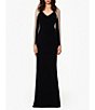 Color:Black/Nude/Silver - Image 1 - Petite Size Caviar Beaded Mesh Long Sleeve V-Neck Sheath Gown
