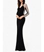 Color:Black/Nude/Silver - Image 3 - Petite Size Caviar Beaded Mesh Long Sleeve V-Neck Sheath Gown