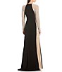 Color:Black/Nude/Silver - Image 2 - Petite Size Long Sleeve Square Neck Caviar Beaded Mesh Panels Sheath Gown