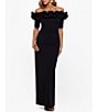 Color:Black - Image 1 - Petite Size Ruffled Off-the-Shoulder Short Sleeve Crepe Sheath Gown