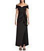 Color:Black - Image 1 - Petite Size Short Sleeve Off-The-Shoulder Sweetheart Neck Cascade Ruffle Scuba Gown