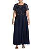 Color:Navy - Image 1 - Plus Size Beaded Bodice Round Neck Short Sleeve Chiffon A-Line Gown