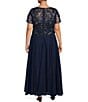 Color:Navy - Image 2 - Plus Size Beaded Bodice Round Neck Short Sleeve Chiffon A-Line Gown