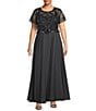 Color:Charcoal - Image 1 - Plus Size Beaded Bodice Round Neck Short Sleeve Chiffon A-Line Gown