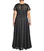 Color:Charcoal - Image 2 - Plus Size Beaded Bodice Round Neck Short Sleeve Chiffon A-Line Gown