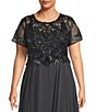 Color:Charcoal - Image 3 - Plus Size Beaded Bodice Round Neck Short Sleeve Chiffon A-Line Gown