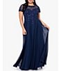 Color:Navy - Image 1 - Plus Size Illusion Boat Neck Embroidered Sequin Bodice Chiffon Gown