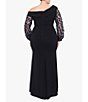 Color:Black - Image 2 - Plus Size Long Sleeve Asymmetrical Neck 3D Flower Long Scuba Crepe Dress