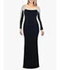 Color:Black/Nude/Silver - Image 1 - Plus Size Long Sleeve Square Neck Caviar Beaded Mesh Panels Sheath Gown