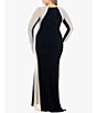 Color:Black/Nude/Silver - Image 2 - Plus Size Long Sleeve Square Neck Caviar Beaded Mesh Panels Sheath Gown