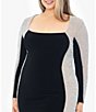 Color:Black/Nude/Silver - Image 3 - Plus Size Long Sleeve Square Neck Caviar Beaded Mesh Panels Sheath Gown