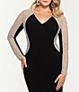 Color:Black/Nude/Sliver - Image 3 - Plus Size Long Sleeve V-Neck Crystal Beaded Gown