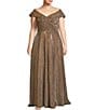 Color:Sand - Image 1 - Plus Size Metallic Glitter Sleeveless Off-the-Shoulder Sweetheart Neck Ball Gown