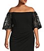 Color:Black/Silver - Image 3 - Plus Size Off-the-Shoulder Beaded Short Sleeve Gown
