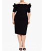 Color:Black - Image 1 - Plus Size Off-the-Shoulder Ruffle Neck Short Sleeve Stretch Scuba Crepe Dress