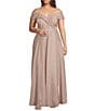 Color:Blush - Image 1 - Plus Size Off-the-Shoulder Sweetheart Neck Cap Sleeve Glitter Ball Gown