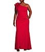 Color:Red - Image 1 - Plus Size Scuba Crepe Sleeveless Ruched Detail Ruffle One Shoulder Gown