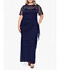 Color:Navy - Image 1 - Plus Size Short Sleeve Beaded Illusion Boat Neck Ruched Long Dress