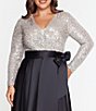 Color:Black/Silver - Image 3 - Plus Size Surplice V-Neck Long Sleeve Sequin Bodice A-Line Gown