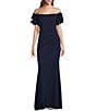 Color:Navy - Image 1 - Rosette Off-the-Shoulder Short Sleeve Ruffle Ruched Waist Gown