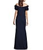 Color:Navy - Image 2 - Rosette Off-the-Shoulder Short Sleeve Ruffle Ruched Waist Gown