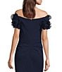 Color:Navy - Image 4 - Rosette Off-the-Shoulder Short Sleeve Ruffle Ruched Waist Gown