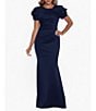 Color:Midnight - Image 1 - Rosette Short Sleeve Ruched Back Sheath Gown