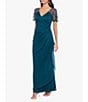 Color:Neon Emerald - Image 3 - Short Beaded Sheer Flutter Sleeve Cascading Draped Waist V-Neck Beaded Gown