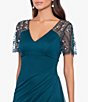 Color:Neon Emerald - Image 4 - Short Beaded Sheer Flutter Sleeve Cascading Draped Waist V-Neck Beaded Gown
