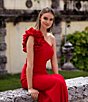Color:Red - Image 4 - Stretch Scuba Crepe One Shoulder Ruffle Gown