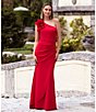 Color:Red - Image 5 - Stretch Scuba Crepe One Shoulder Ruffle Gown