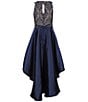 Color:Nude/Navy - Image 2 - Big Girls 7-16 Bonded-Lace Mikado High-Low Dress