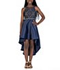 Color:Nude/Navy - Image 3 - Big Girls 7-16 Bonded-Lace Mikado High-Low Dress