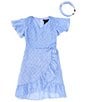 Color:Periwinkle - Image 3 - Big Girls 7-16 Flutter Sleeve Clip-Dot Lurex Faux-Wrap Dress