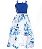 Color:Off White/Royal - Image 1 - Big Girls 7-16 Scalloped Neck Jeweled Waist Floral High-Low Scuba Dress