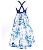 Color:Off White/Royal - Image 2 - Big Girls 7-16 Scalloped Neck Jeweled Waist Floral High-Low Scuba Dress