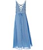 Color:Light Blue/Silver - Image 2 - Big Girls 7-16 Sleeveless Lace-Bodice/Mesh Pleated Skirted Long Dress