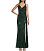 Color:Hunter - Image 1 - Double Spaghetti Strap X-Back Surplice V-Neck Sequin-Floral-Pattern Mesh Slit Long Dress