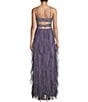 Color:Dark Lavender - Image 2 - Lace Spaghetti Strap Square Neck Cut-Out Back Glitter Mesh Corkscrew Long Dress