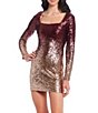 Color:Wine/Rose Gold - Image 3 - Long Sleeve Square Neck Ombre Sequin Dress