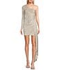 Color:Ivory/Silver - Image 1 - One Shoulder Sequin Wrap Drape Mini Dress