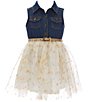 Color:Ivory/Gold - Image 1 - Little Girls 2T-6X Sleeveless Denim-Bodice/Printed Mesh Skirted Fit-And-Flare Dress