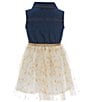 Color:Ivory/Gold - Image 2 - Little Girls 2T-6X Sleeveless Denim-Bodice/Printed Mesh Skirted Fit-And-Flare Dress